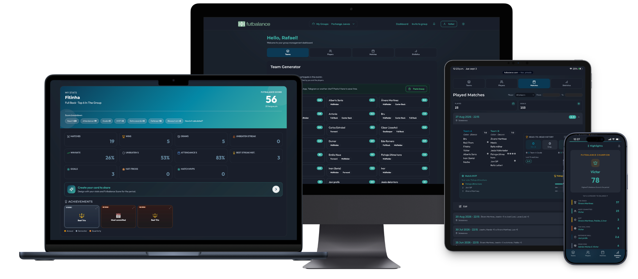 FutBalance in dark mode: web, tablet and phone